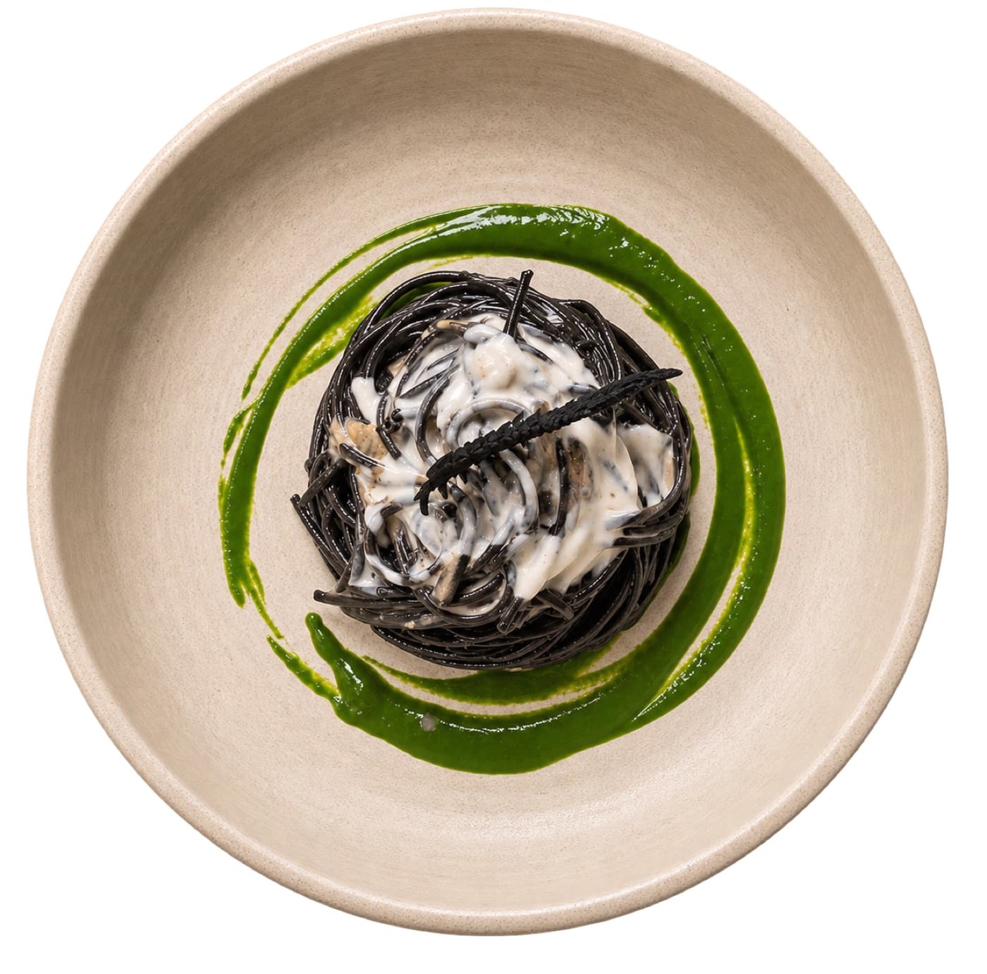 Nido di spaghetti al nero di seppia su salsa verde